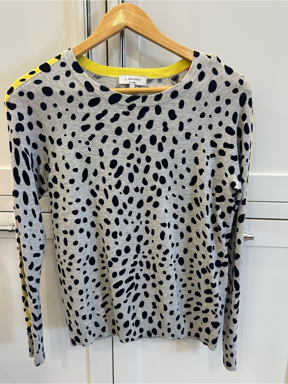 J. Society Women’s grey animal print sweater Size Small, colorful stripes on arm